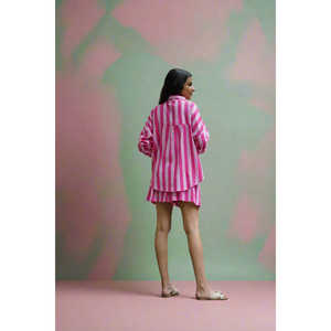 Ensemble chemise et jupe-culotte à rayures roses pour femme The Quince Life, taille S - Product Image 1