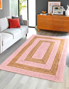 Alfombra Rectangular de Yute Natural Rosa Tejida a Mano con Diseño de Borde para Sala de Estar, Dormitorio y Decoración del Hogar - Product Image 1