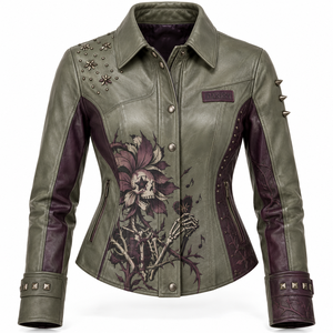 Olive Green Burgundy Women Genuine Leather Jacket Floral Skull Print Spike Metal <b>Studded</b> Biker Outerwear Custom Oem Odm Offer - Product Image 1