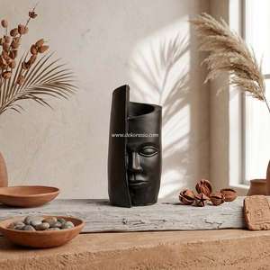 Severo Black Doff Handcrafted Earthenware <b>Ceramic</b> Face Vase Mask Sculpture Decorative Tabletop Vessel Modern Design 15x35cm - Product Image 5