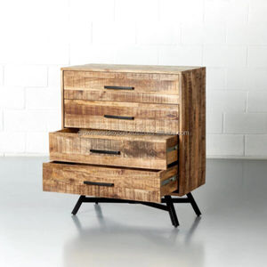 Meuble bar en bois style loft urbain avec base en métal industriel, finition chêne rustique, coffre de rangement pour spiritueux - Unité à 4 tiroirs - Product Image 4