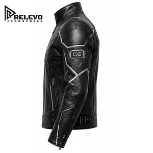Wholesale High Quality Men's Tactical Leather <b>Jacket</b> Stand Solid Zipper Front Sleek Armor Style Motorcycle Outerwear <b>Silver</b> Trim - Product Image 2