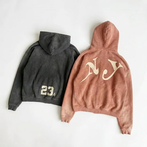 Custom Vintage Wash Full <b>Zip</b> Fleece Hoodie Heavy Weight Cotton Distressed Mens Streetwear Eco-Friendly Retro Style Pocket - Product Image 3