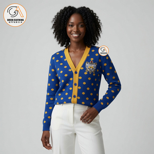 Vêtements grecs pour femmes, cardigan bleu et jaune à pois, col en V, brodé, style preppy, pull d'hiver à manches longues - Product Image 4
