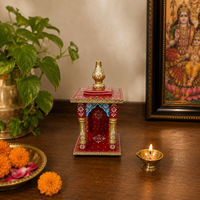 Mini Temple/Pooja Ghar Mandir en Bois Artisanal, Armoire de Bureau à Domicile, Art Léger, Décoration de la Maison pour Diwali