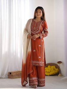 Ensemble Salwar Kameez brodé orange pour femmes, tenue formelle indienne pakistanaise, tenue de soirée de mariage - Product Image 4