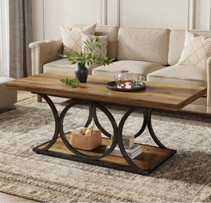 Table basse rectangulaire rustique en bois avec un plateau inférieur soutenu par une base décorative circulaire en métal noir, en gros. - Product Image 1
