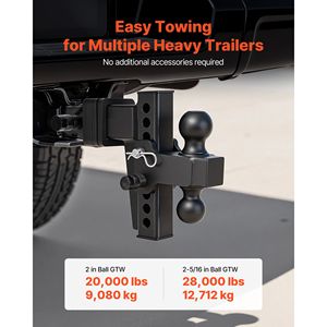 Attelage de remorque réglable avec récepteur de 2,5 pouces, billes de 2 et 2-5/16 pouces, capacité de charge de 28 000 lb et dénivellement de 6 pouces - Product Image 2