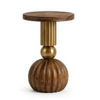 Table d'appoint en bois de manguier sculpté en forme de citrouille avec support latéral nervuré en métal pour le salon