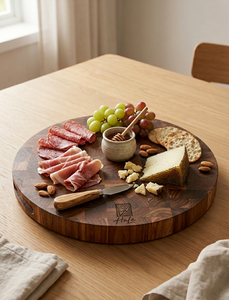 Planche à découper ronde en acacia certifiée FSC, avec poignée en bois, épaisseur 1,5 cm, compatible lave-vaisselle, écologique, pour usage en cuisine - Product Image 4