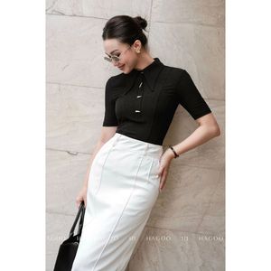 Camiseta de Manga Corta con Cuello y Botones para Mujer, de Algodón Sólido, Ajustada, Tejida, para Oficina o Uso Casual, A8128, Venta al Por Mayor - Product Image 3