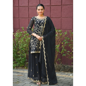 Elegant faux georgette embroidered salwar suit set with <b>sequins</b> work <b>top</b> palazzo dupatta stitched festive wear - Product Image 1