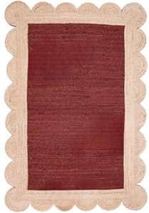 Tapis artisanal en jute naturelle rouge bordeaux à bordure festonnée, tapis décoratif tissé à la main - Product Image 2