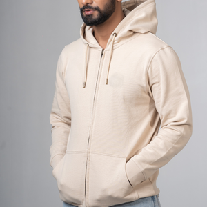 Sweat-shirt classique à fermeture éclair, couleur beige, coupe ample, en molleton 100% coton, doux et tricoté, confortable, avec deux poches et cordon de serrage. - Product Image 1