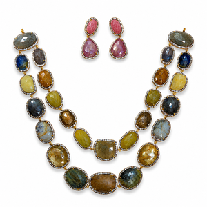 Parure de bijoux de créateur en argent 925 plaqué or avec pierres précieuses multicolores facettées, collier et boucles d'oreilles pour femme, idéale pour les mariages et les fêtes - Product Image 1