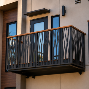 Barandilla de Balcón Moderna de Metal Negro con Superficie de Madera y Patrón Geométrico para Diseño de Seguridad en Terrazas de Apartamentos - Product Image 3