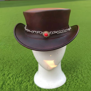 Sombrero de copa Steampunk de cuero genuino hecho a mano de primera calidad con banda de cadena gótica para disfraz victoriano occidental - Product Image 1