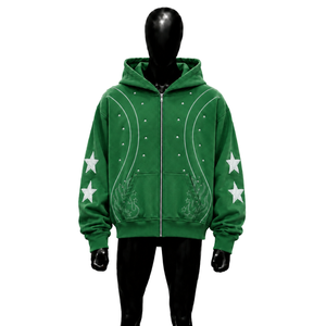 Sweat à capuche zippé oversize vert, style urbain, avec patch étoile, design brodé, coupe régulière, décontracté, pour usage quotidien - Product Image 1