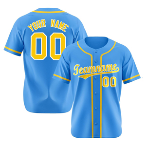 Camiseta de Béisbol Personalizada, Azul Claro y Amarillo, Nombre del Equipo 00, Impresión Serigrafiada, Unisex, Adulto, Manga Corta, Absorbe la Humedad - Product Image 1