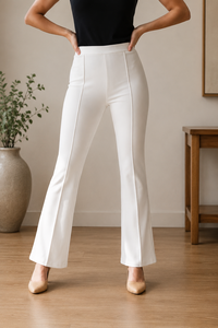 Pantalon Évasé Blanc Élégant Taille Haute en Satin Longueur Cheville pour Femme Coupe Droite Fermeture Éclair Couleur Unie - Product Image 2