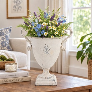 Vintage Distressed White Metal Urn Vase Rustic Farmhouse <b>Table</b> Centerpiece with <b>Side</b> Handles and Wildflower Bouquet Arrangement - Product Image 2