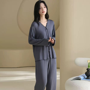 Conjunto de pijama de punto con cintura elástica y ribete en contraste para mujer, pantalones y top de manga larga, ropa de dormir cómoda, ropa moderna para estar en casa, suave - Product Image 2