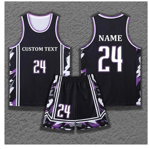 Ensemble de maillots de basket-ball sublimés personnalisés, noir et violet, imprimé géométrique, 24, unisexe, adulte, débardeur sans manches à séchage rapide, short - Product Image 1