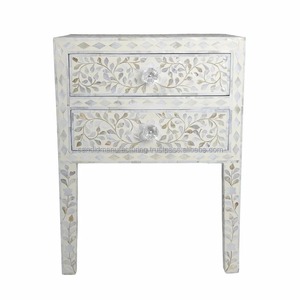 Natural Crafts Quality Bedroom & Dining Furniture Handmade Polished Bone Inlay Floral Bedside Table & <b>Chest</b> Drawer Living Room - Product Image 3