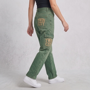 Women's <b>High</b> <b>Waist</b> <b>Cargo</b> Jeans Green Denim Loose Fit Vintage Utility Style Full Length Stonewashed With Letter Pockets - Product Image 2