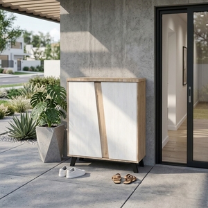 Modern 25 0048 2-Door 4-Tier <b>Shoe</b> Cabinet Geometric Accent Panel <b>Entryway</b> Organizer Freestanding <b>Storage</b> - Product Image 1