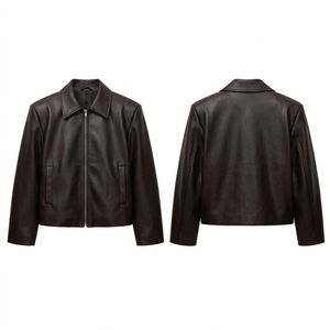 Dark Mocha PU Leather <b>Women</b> Leather Jacket Plus Size Breathable Straight Hem Sharp Pointed Collar Sleeves <b>Womens</b> <b>Coats</b> - Product Image 3