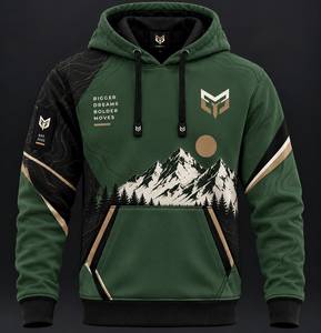 เสื้อฮู้ดดี้พิมพ์ลายภูเขาสีเขียวสำหรับผู้ชาย ทรงปกติ สวมใส่สบาย เหมาะสำหรับกิจกรรมกลางแจ้ง มีกระเป๋าและโลโก้ - Product Image 1