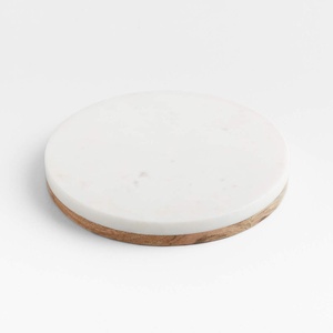 Round Marble and Wood Trivet Heat Resistant Serving Base Natural Stone <b>Table</b> <b>Protector</b> dual material wooden base marble top - Product Image 1