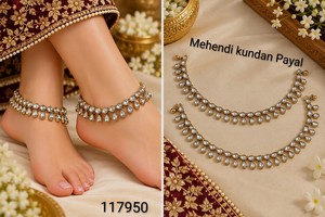 Paire de chevillères de mariée plaquées or avec perles et pierres noires et blanches, bijoux de pied traditionnels indiens pour mariage, vente en gros - Product Image 2