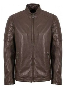 เสื้อแจ็คเก็ตหนังสีน้ำตาลเข้มสไตล์คาเฟ่เรเซอร์สำหรับผู้ชาย - Product Image 1