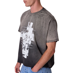 T-shirt pour homme à col rond et manches courtes, motif abstrait sur le devant, coupe ample délavée, style streetwear, vente en gros, personnalisable OEM, en jersey de coton - Product Image 6