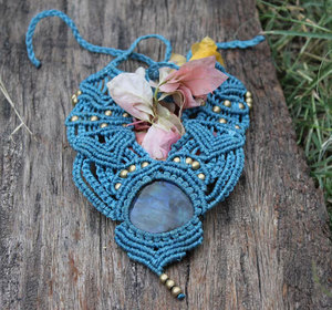 Labradorite Macrame <b>Necklace</b> Blue Flash Oval Gem Turquoise Cord Gold Beads Boho Handmade <b>Statement</b> Jewelry - Product Image 3