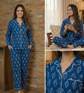 Indigo Hand Block Print Floral Cotton Casual Summer Machine Embroidery Pajama Set <b>for</b> <b>Women</b> Wholesale Sleepwear - Product Image 4