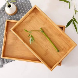 Ensemble de plateaux de service en bois rectangulaires en bambou, matériau naturel, design rustique, découpes pour les poignées, pour la cuisine ou la maison - Product Image 5