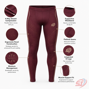 Leggings de compression personnalisés pour hommes, imprimé topographique, longueur intégrale, pour la course et l'entraînement en salle de sport, OEM ODM, bordeaux, Apex Terrain - Product Image 5