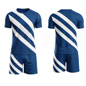 Ensemble de maillot et short de football personnalisé pour homme, bleu marine et blanc, à rayures, manches courtes, col rond, en polyester anti-humidité, uniforme d'équipe - Product Image 4