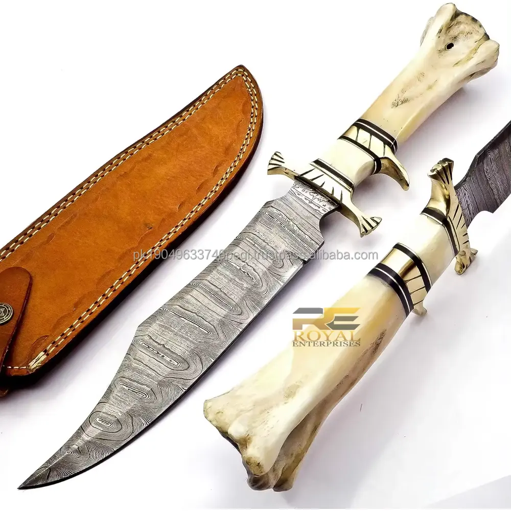 Handgemaakt Damascus Stalen Bowie Mes Kameelbot Handvat En Fijne Lederen Schede Viking Mes Outdoor Messen Messing Handvat Groothandel