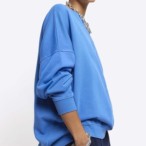 Sweat-shirt en coton bleu surdimensionné, taille plus, à épaules tombantes, à capuche, manches régulières, couleur unie, brodé, automne, été, hiver - Product Image 2