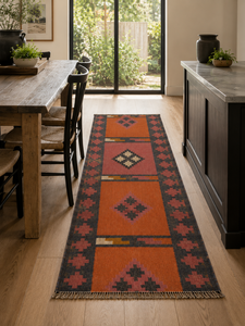Custom Handloom Wool Kilim <b>Runner</b> Traditional Geometric Diamond Border Pattern Earthy Terracotta Living Room Floor <b>Carpet</b> Latex - Product Image 3