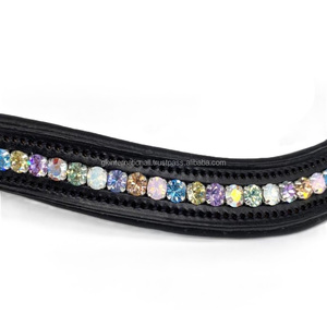 Custom Designed High Finish Leather Curved Shaped Padded brow band for Dressage <b>Enhancing</b> Horse Appeal with Branded Crystals - Product Image 2