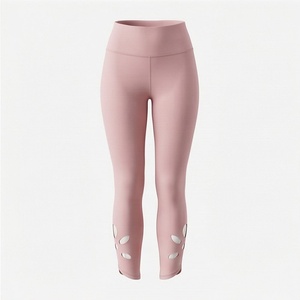 High Waist Cropped <b>Leggings</b> Solid <b>Pink</b> Stretchy Breathable Knitted Sporty <b>Women's</b> Seamless Yoga Pants - Product Image 1