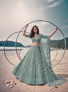 <b>Green</b> <b>Silk</b> Simple Beaded Embroidered Strapless Floor-Length A-Line Lehenga Choli Bridal Wedding Dress Handmade Special Occasion - Product Image 2