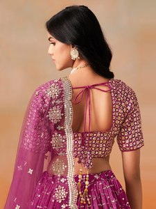 Purple Embroidered Organza <b>Lehenga</b> Set Crop Top Dupatta A-Line Floor-Length Bridesmaid Dress V-neck Backless Natural Waistline - Product Image 4