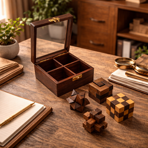 Juego de 4 Rompecabezas de Madera Hechos a Mano en Madera de Palisandro Indio, Caja de Regalo con Tapa de Vidrio, Calidad Premium - Product Image 3