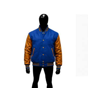 Chaqueta Varsity Azul Personalizada de Lana con Mangas de Cuero Amarillo Dorado, Chaqueta Clásica de Béisbol para Hombre, Venta al Por Mayor - Product Image 1